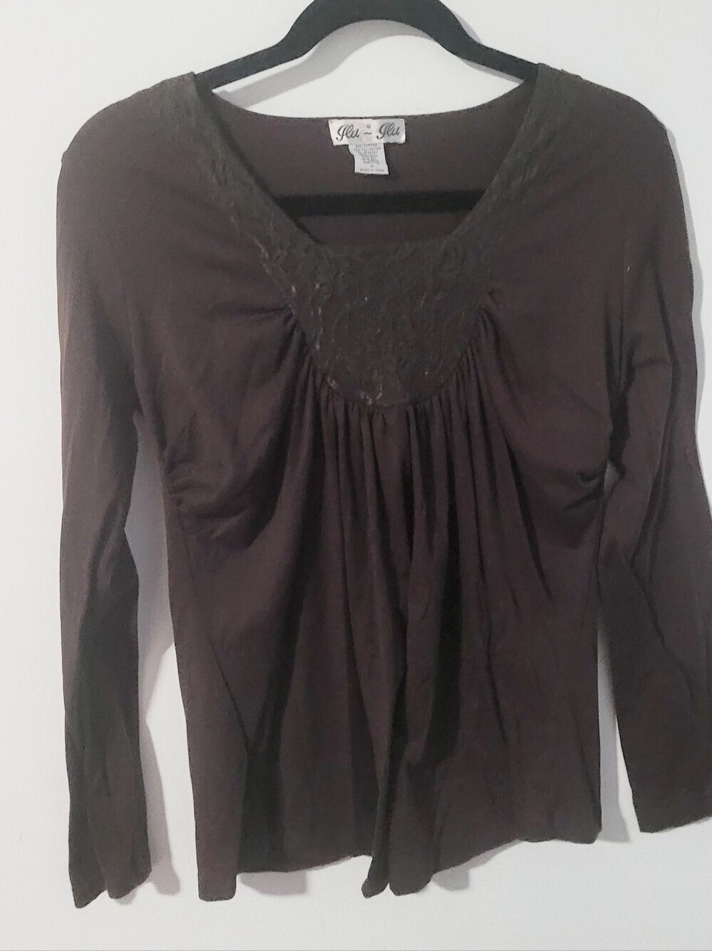 Glu - Glu Brown Long Sleeve Blouse w/ Lace Sz. M Spandex Stretch